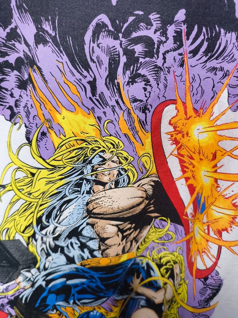 Marvel Thor Comic Print Tee | 1996 Artwork | Vintage Marvel Addict (Category: Tshirts & Polo Shirts ) located in Marikina City. Submitted by ajmsdlsrys (Listing ID 1468492394, Image 2). Description: White tee with full comic-style graphic • Thor in action • Captain America • Classic 1996 Marvel artwork (Reworks/Reprinted) Tag: Made in LA by Vintage Marvel Addict Print copyright: TM & © 1996 Marvel (brought to life in 2022) Dimensions: 23x30 Clean