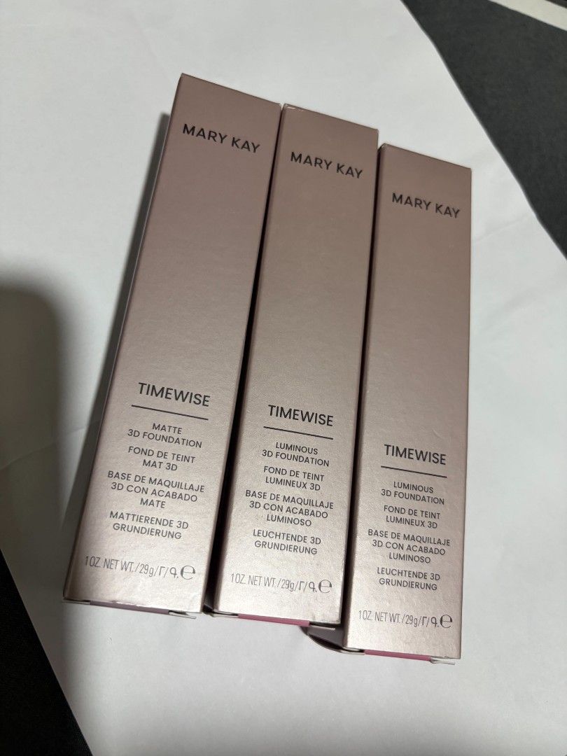 Mary Kay TimeWise 3D Foundation Tubes and Boxes (Category: Makeup) located in Polomolok. Submitted by legadad94559 (Listing ID 1468434742, Image 2). Description: - Authentic Mary Kay TimeWise 3D Foundation - Size: 1 oz / 29g per tube - Available in Matte and Luminous finishes - 100% brand new, unopened in original packaging - Great everyday makeup staples straight from stock - Send a message to check available shades before ordering.
