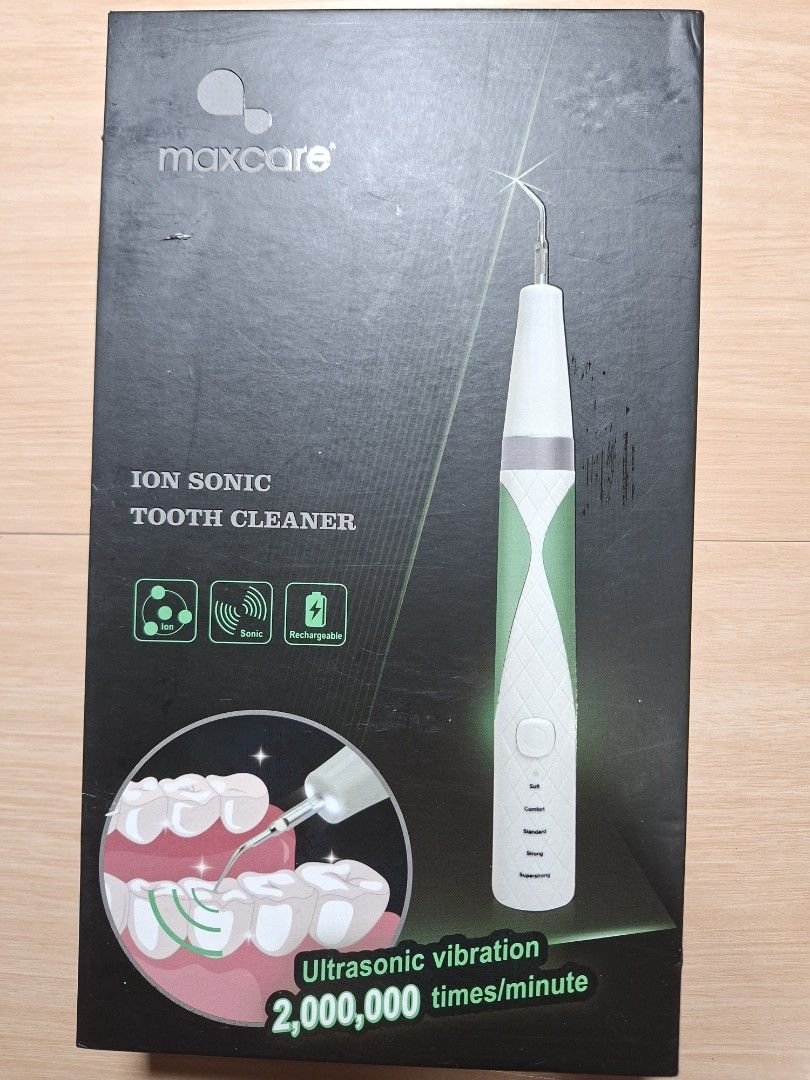 Maxcare ION Sonic Tooth Cleaner MAX-M01MC0539 (Category: Oral Care) located in Baguio. Submitted by restyrille77846 (Listing ID 1468284606, Image 1). Description: - Brand: Maxcare - Model: MAX-M01MC0539 - Ultrasonic vibration up to 2,000,000 times per minute for deep cleaning - Multiple intensity settings ranging from soft to super strong - USB rechargeable for convenient power-ups - Complete set includes: cleaning handle, brush attachment, denta