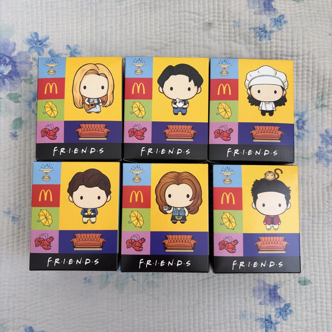 McDo FRIENDS Figure Complete Set 6 Boxes (Category: Designer & Blind Box Toys) located in Paranaque City. Submitted by rxnnbns (Listing ID 1468334722, Image 2). Description: take all for 1k only!!! all sealed and never been displayed mop: gcash, maribank, gotyme mod: j&t, lalamove, grab kindly pm for more details 💜.