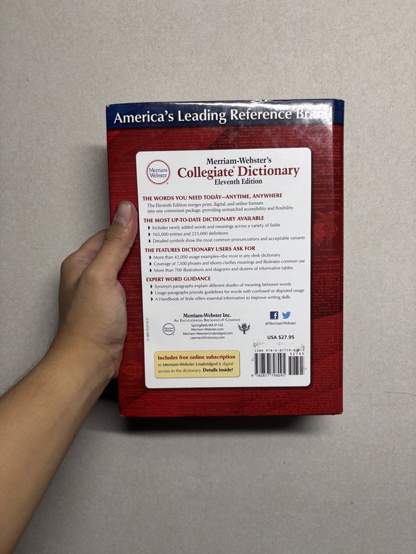 Merriam-Webster's Collegiate Dictionary Eleventh Edition (Category: Textbooks) located in Cabuyao City. Submitted by john.sellsthings (Listing ID 1468395983, Image 3). Description: - Merriam-Webster's Collegiate Dictionary, Eleventh Edition Hardcover - Over 165,000 entries and 225,000 definitions - 42,000 usage examples for better understanding - Thumb-indexed pages for quick and easy searching - Includes free online subscription access - ISBN: 9