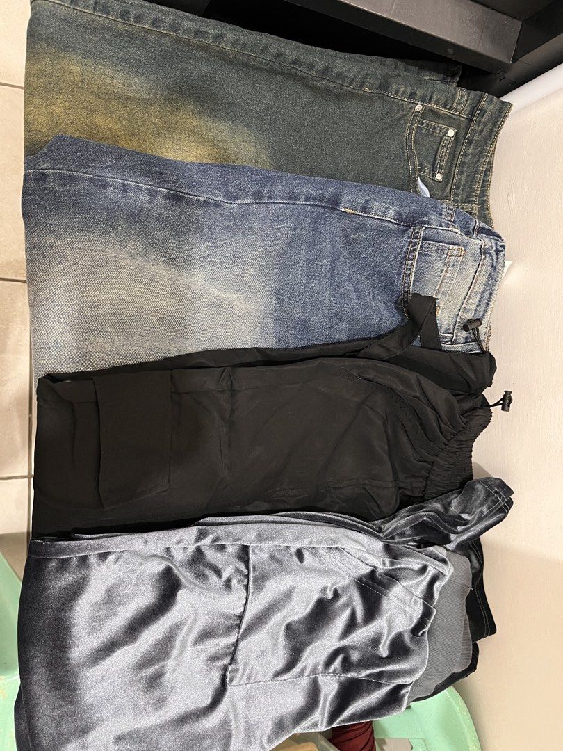 Mid size | Jeans take all - (Shein) *Read description* (Category: Jeans) located in Taytay. Submitted by buyandsellgirl888 (Listing ID 1468291609, Image 2). Description: Dark blue jeans and velvet flare are from Shein. The black cargo and greenish denim flare are from TikTok shop. My measurements are 34 high waist, 36 low waist, and 44 hips/butt - if we are the same size, these can fit you. (no when worn napo since nalabhan and nabalot kona sila 