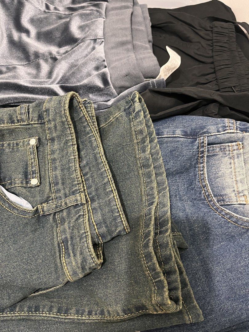 Mid size | Jeans take all - (Shein) *Read description* (Category: Jeans) located in Taytay. Submitted by buyandsellgirl888 (Listing ID 1468291609, Image 1). Description: Dark blue jeans and velvet flare are from Shein. The black cargo and greenish denim flare are from TikTok shop. My measurements are 34 high waist, 36 low waist, and 44 hips/butt - if we are the same size, these can fit you. (no when worn napo since nalabhan and nabalot kona sila 