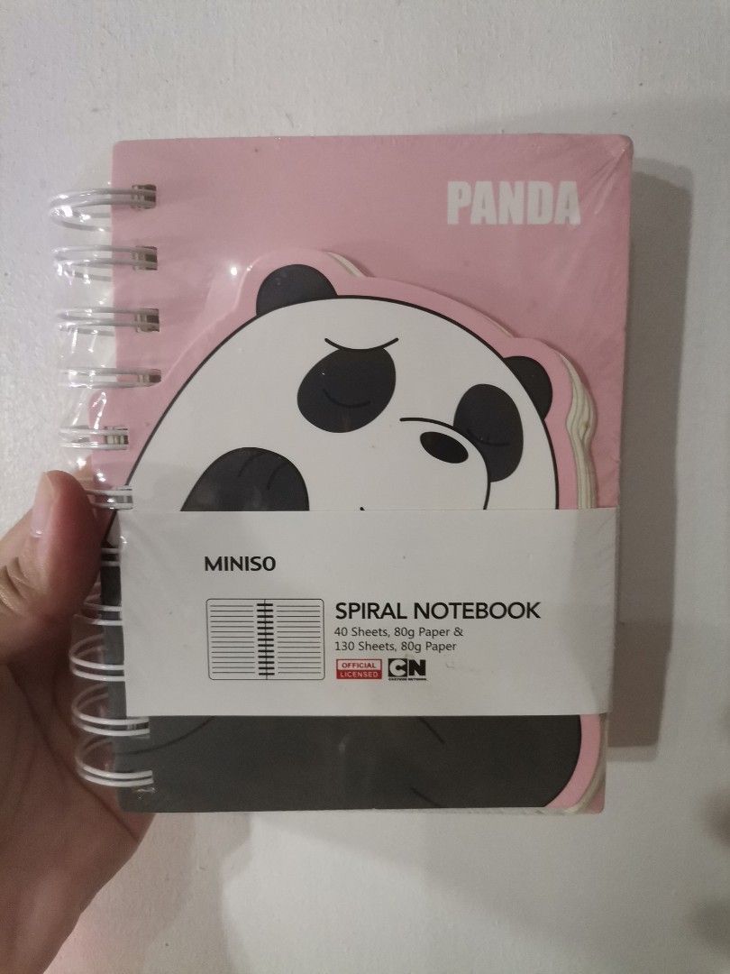 Miniso We Bare Bears Panda Spiral Notebook (Category: Stationery & School Supplies) located in Makati City. Submitted by kookybearsstuff (Listing ID 1468404476, Image 1). Description: - Authentic Miniso x We Bare Bears official Cartoon Network merchandise - Design: Cute pink cover with a shaped Panda cutout - Condition: Brand new, unopened, and still in original plastic wrap - Paper Quality: 80g paper, includes 40 sheets + 130 sheets (170 total s