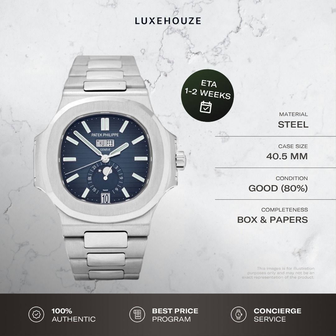 Mint 2021 Patek Philippe Nautilus 5726/1A-014 Blue (Category: Watches) located in Singapore. Submitted by luxehouze (Listing ID 1467395314, Image 1). Description: Luxehouze is your trusted marketplace to buy and sell luxury goods. Luxehouze SG Pte Ltd is a licensed luxury goods marketplace and regulated dealer. WHY US? 100% Authentic with Money-Back Guarantee Best Price Program* Curated Collection * T&Cs apply. OUR SERVICES • Watch Purchase - Sho