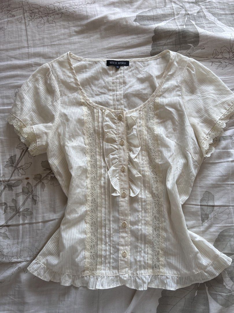 Misch Masch Coquette Y2k cream top (Category: Blouses) located in Makati City. Submitted by lilylovesxo (Listing ID 1468382706, Image 1). Description: Best fits medium frames No when worn‼️ Waistline: 29-30” Bust: 32-24” .