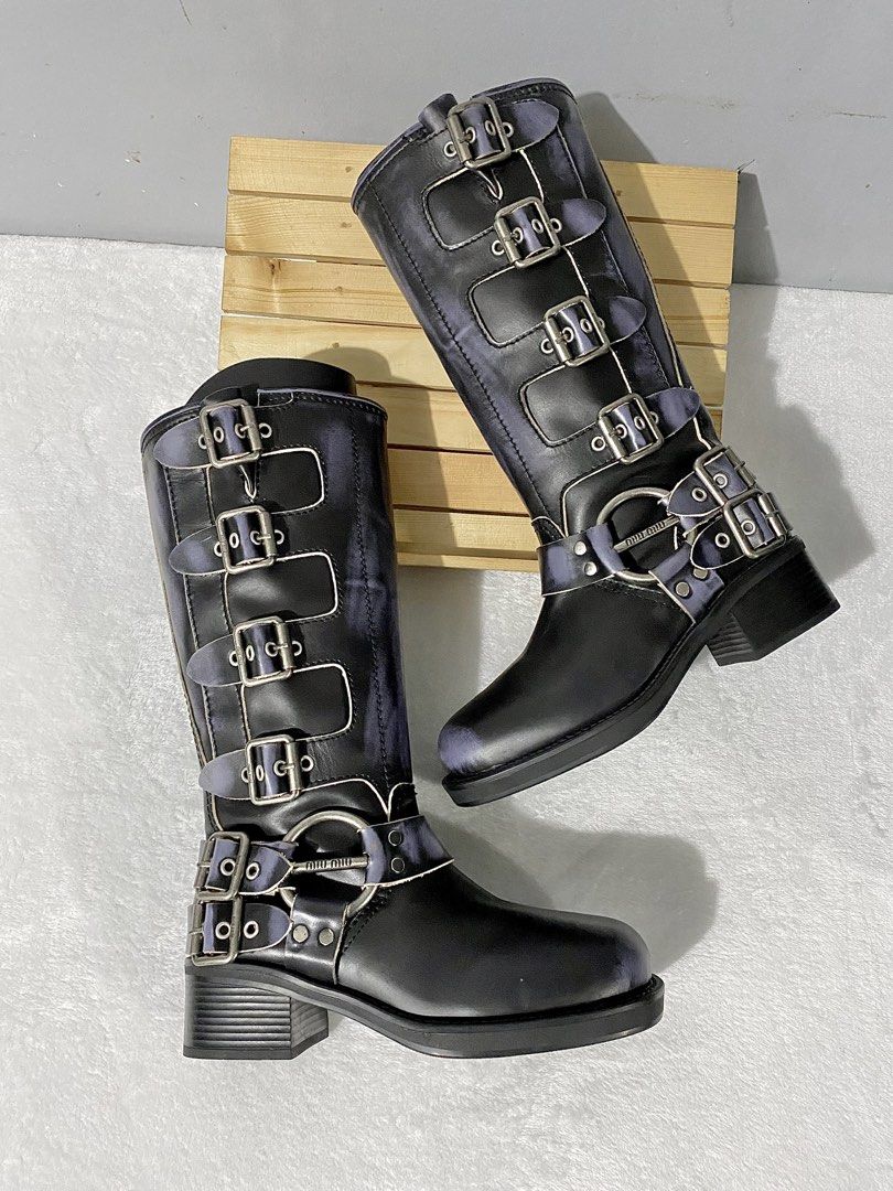 miu miu multiple buckled biker boots (Category: Boots) located in Bulacan. Submitted by parapapa (Listing ID 1468386186, Image 1). Description: 36-37 / 23cm medyo heavy not guaranteed authentic boot opening: 17” calf circum: 14” shaft height: 12” heels: 1.8”.