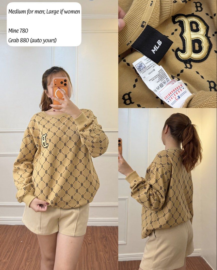 MLB Monogram Sweatshirt Beige B Logo (Category: Coats, Jackets and Outerwear) located in Manila. Submitted by angelll0123 (Listing ID 1468430230, Image 1). Description: - Brand: MLB - Color: Beige with all-over B monogram pattern - Style: Classic crewneck with ribbed cuffs and hem - Details: Embroidered B patch logo on the chest - Interior: Soft fleece lining for ultimate comfort - Fit: Men's Medium / Women's Large - Condition: Excellent / Pre-lo