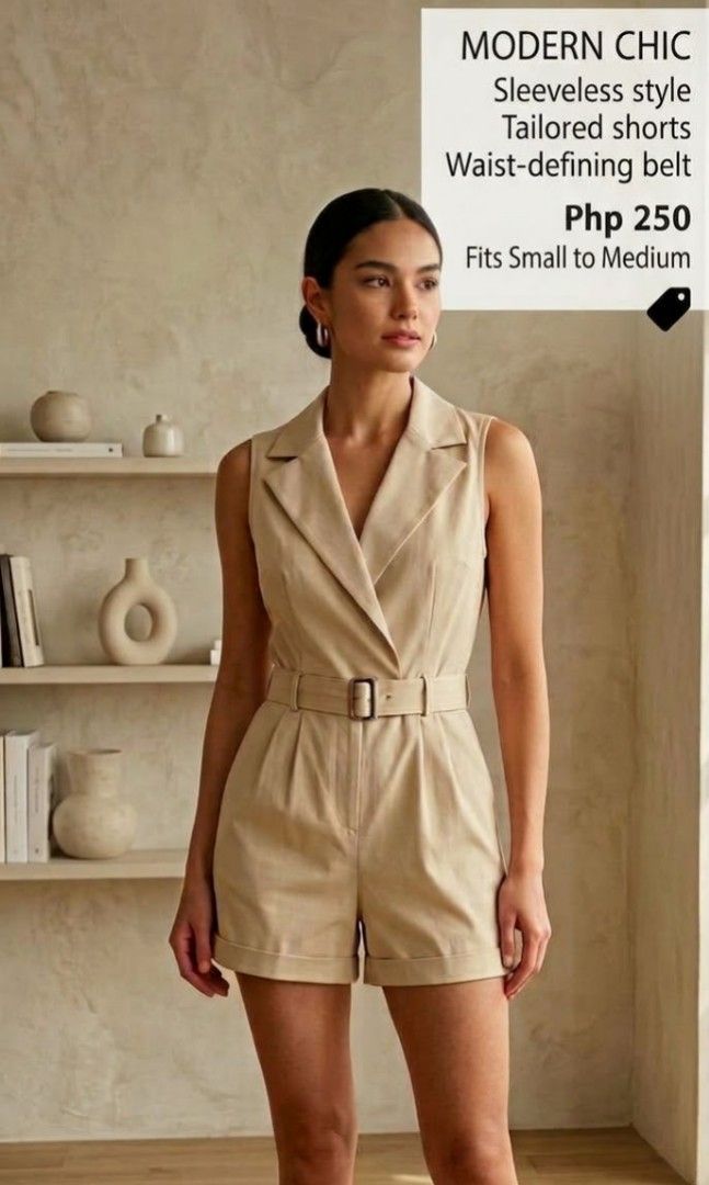 Modern Chic Sleeveless Tailored Shorts Romper (Category: Rompers) located in Pasig City. Submitted by exodusmomma (Listing ID 1468398595, Image 1). Description: - Color: Neutral beige - Design: Sleeveless with a chic wrap front and lapel collar - Fit: Tailored shorts with an included matching belt to define the waist - Style: Clean lines for a polished look - Occasion: Versatile for casual hangouts or smart-casual days.