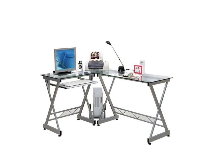 Modern L-Shaped Glass Corner Computer Desk with Keyboard Tray (Category: Tables & Sets) located in Pasig City. Submitted by rnr2026 (Listing ID 1468306380, Image 2). Description: - Clear glass top corner desk with a sleek silver metal frame - Features a convenient pull-out sliding keyboard tray on the left section - Sturdy X-frame support legs for maximum stability - Generous workspace ideal for multiple monitors and accessories - Space-saving de