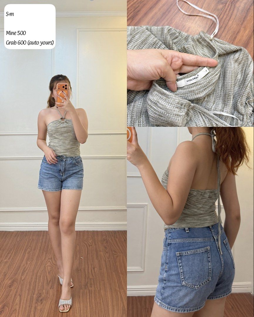 MOLORDA Grey Knit Halter Top S-M (Category: Sleeveless) located in Manila. Submitted by angelll0123 (Listing ID 1468448362, Image 1). Description: - Brand: MOLORDA - Size: Fits Small to Medium - Material/Texture: Ribbed knit fabric - Design: Halter top with self-tie straps - Style: Casual, easy to pair with denim shorts - Condition: Clean and ready to wear.