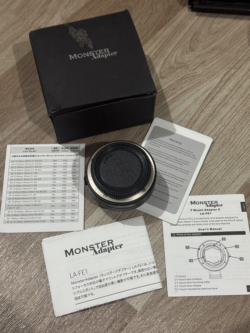 Monster Adapter LA-FE1 Lens Adapter (Category: Other Photography Accessories) located in Tanay. Submitted by bentomendez (Listing ID 1468462707, Image 1). Description: Monster Adapter LA-FE1 Brand new with box and papers Tested working Para sa mga Nikon user na may Sony system. Product Info: The LA-FE1 Magic Ring Nikon F Lens to Sony E-Mount Camera Adapter from Monster Adapter allows select LA-FE1-mount autofocus DSLR lenses to be used on Sony E-