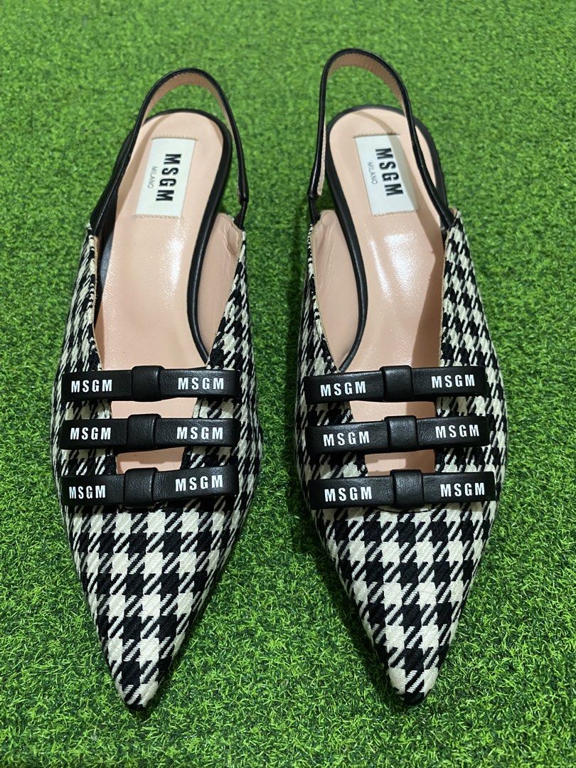 MSGM Houndstooth Slingback Kitten Heels (Category: Sneakers & Footwear) located in Manila. Submitted by victory_1816 (Listing ID 1468429816, Image 2). Description: Chic and stylish MSGM slingback pumps featuring a classic black-and-white houndstooth pattern, elegant ribbon straps with MSGM branding, and feminine kitten heels. A beautiful statement pair that adds a touch of sophistication to any outfit. Perfect for smart casual looks, office wear,