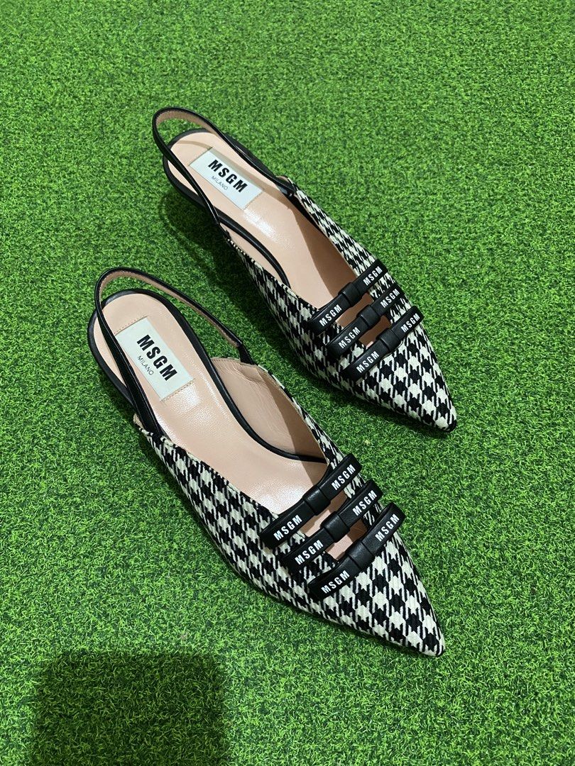 MSGM Houndstooth Slingback Kitten Heels (Category: Sneakers & Footwear) located in Manila. Submitted by victory_1816 (Listing ID 1468429816, Image 3). Description: Chic and stylish MSGM slingback pumps featuring a classic black-and-white houndstooth pattern, elegant ribbon straps with MSGM branding, and feminine kitten heels. A beautiful statement pair that adds a touch of sophistication to any outfit. Perfect for smart casual looks, office wear,