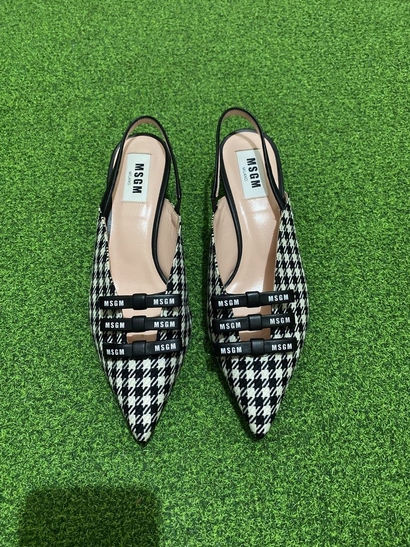 MSGM Houndstooth Slingback Kitten Heels (Category: Sneakers & Footwear) located in Manila. Submitted by victory_1816 (Listing ID 1468429816, Image 1). Description: Chic and stylish MSGM slingback pumps featuring a classic black-and-white houndstooth pattern, elegant ribbon straps with MSGM branding, and feminine kitten heels. A beautiful statement pair that adds a touch of sophistication to any outfit. Perfect for smart casual looks, office wear,