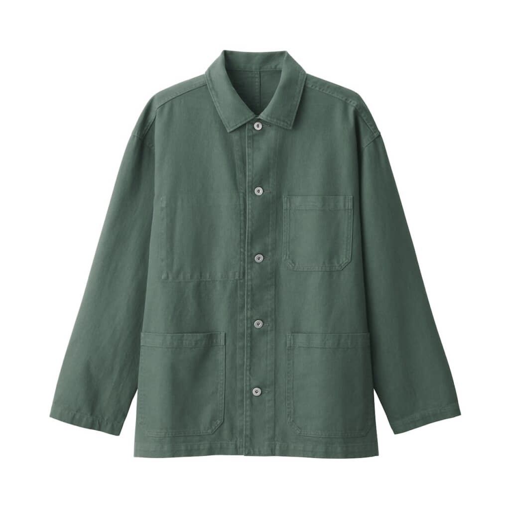 MUJI Utility Workwear Chore Jacket (Category: Coats, Jackets and Outerwear) located in Puerto Princesa. Submitted by terdsthrift (Listing ID 1468423557, Image 3). Description: MUJI Utility Workwear Chore Jacket Width: 24 Length: 29 Shoulder: 21 In Good Condition / No Issue Color Rate: 9/10 - Color: Olive green - Size: Medium - Material: Heavy twill cotton - Pockets: Four front patch pockets, one single chest pocket - Closure: Metal buttons with a