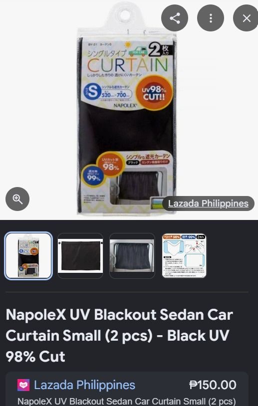 Napolex Single Type Car Curtain L Size Black (Category: Curtains & Blinds) located in Caloocan City. Submitted by sellinthrift (Listing ID 1468322189, Image 3). Description: DECLUTTERING SALE 🏷️ Napolex Car Curtains Quick Details: • Condition: 10/10 • Inclusions: 2pcs curtains • Issue/Defects: Brand new, never used Price: ₱125+SF (Slightly negotiable for quick pickup) online price: ₱150 PM for more details.