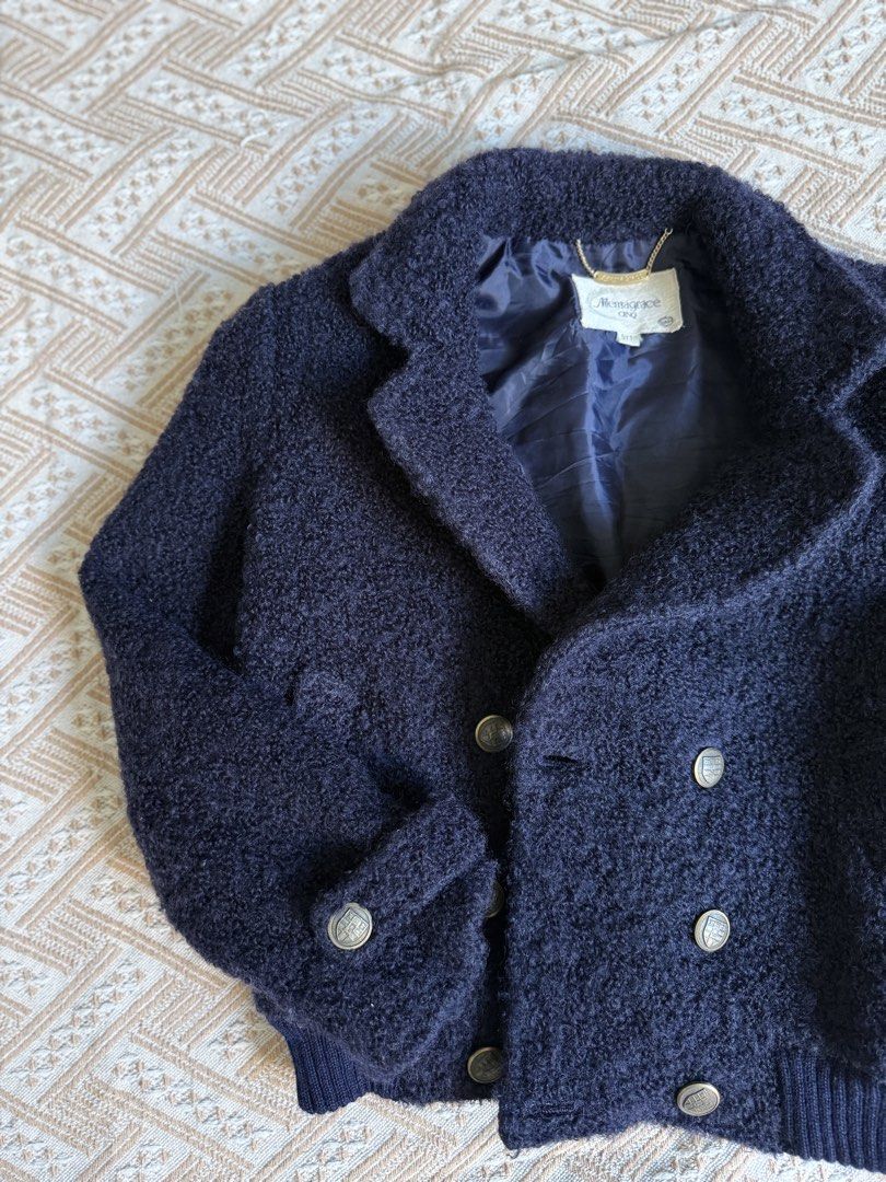Navy Blue Wool Biker Jacket (Category: Coats, Jackets and Outerwear) located in Manila. Submitted by shopwithkayeee (Listing ID 1468399190, Image 3). Description: Perfect for autumn trips! Wool cloth with inner lining Best fits XS to S ✨.