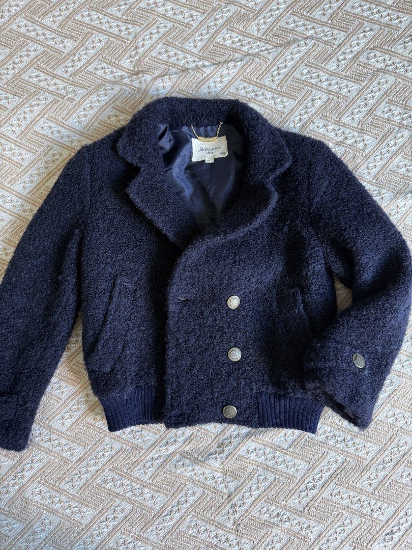 Navy Blue Wool Biker Jacket (Category: Coats, Jackets and Outerwear) located in Manila. Submitted by shopwithkayeee (Listing ID 1468399190, Image 1). Description: Perfect for autumn trips! Wool cloth with inner lining Best fits XS to S ✨.