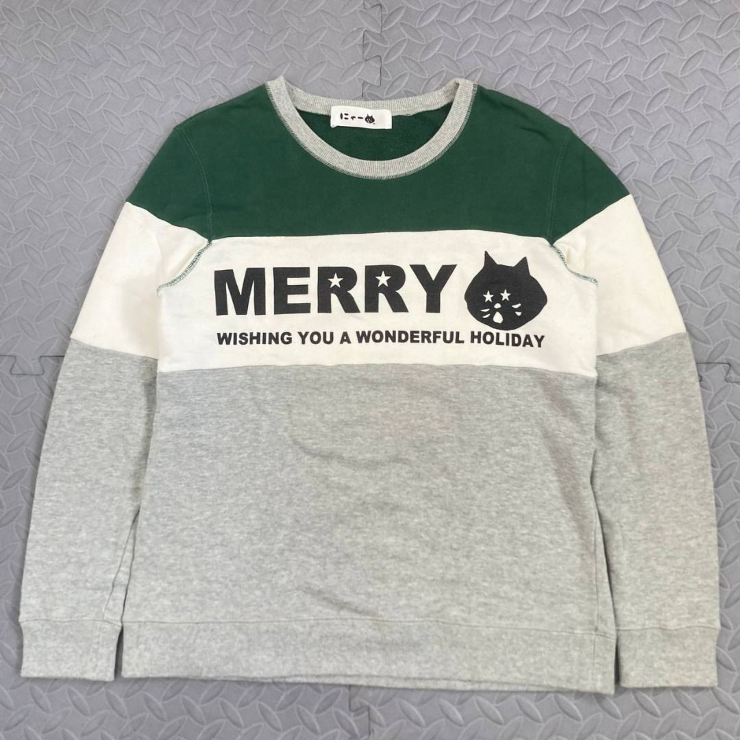 Ne-net - Merry Nya Cat Holiday Sweatshirt (Category: Sleep and Loungewear) located in Quezon City. Submitted by archived.g (Listing ID 1468310885, Image 1). Description: Ne-net - Merry Nya Cat Holiday Sweatshirt - Brand: Ne-net Made in: China Year: Color: Gray/Green/White Material: Cotton Size on tag: 2 Sizing: Measurements (flat, not stretched): Shoulders: 17” Sleeves: 23.5” Width: 18.5” Hem: 19.5” Length: 25” Color rating: 9.5/10 Condition over