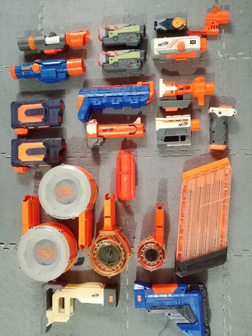 Nerf Blaster Attachments, Scopes, Drums, and Magazines (Category: Action & Battle Toys) located in Manila. Submitted by anvicnicajeff (Listing ID 1468331443, Image 1). Description: - Huge Nerf accessory bundle (N-Strike and Elite series) - Includes multiple scopes, tactical rails, and barrel attachments - Comes with drum magazines and standard clips - Everything shown in the pictures is included - Sold as a complete set only (no tingi/individual 