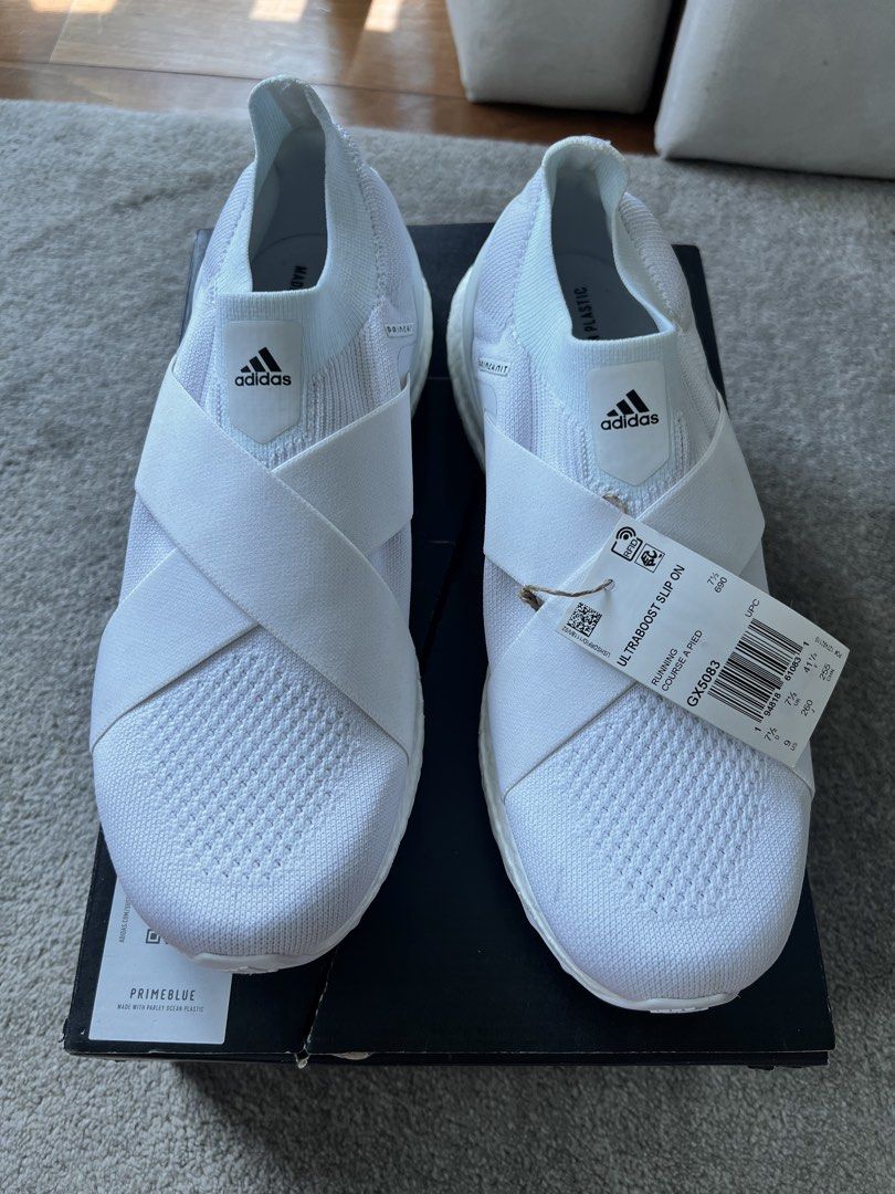 New Adidas white Ultraboost 9 (Category: Sneakers) located in Makati City. Submitted by nmvs1 (Listing ID 1468415420, Image 1). Description: Brand new with box and tags ADIDAS ULTRABOOST unisex design Size US 9 color white Bought for 140usd Rfs wrong size.