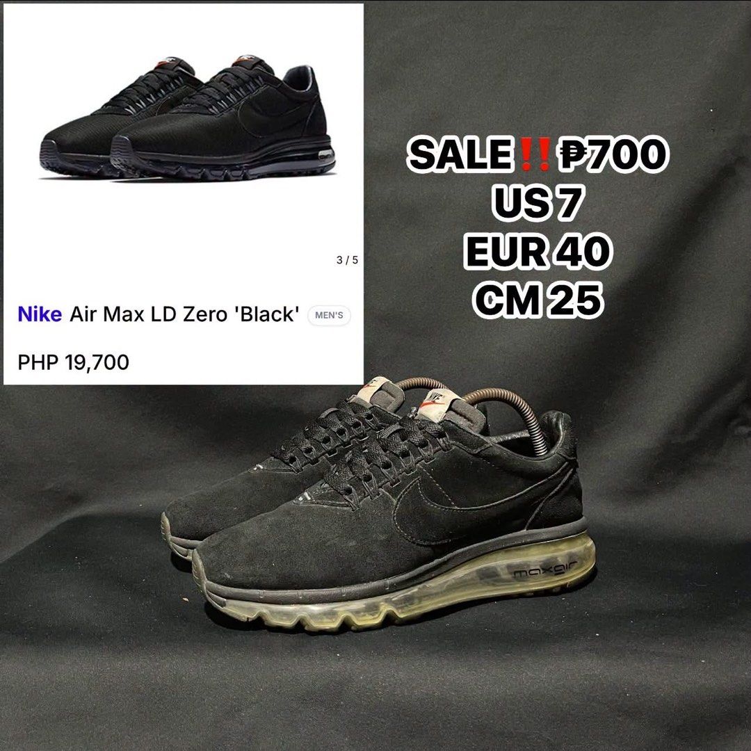 Nike Air Max LD Zero Black Size US 7 (Category: Sneakers) located in Bulacan. Submitted by ogieeee (Listing ID 1468461484, Image 1). Description: - Brand/Model: Nike Air Max LD Zero - Color: Black Suede - Size: US 7 / EUR 40 / CM 25 - Features: Classic Max Air cushioning unit, iconic Nike branding on tongue and heel - Style: Versatile daily wear that pairs easily with any outfit - Price: On sale for only 700 pesos.