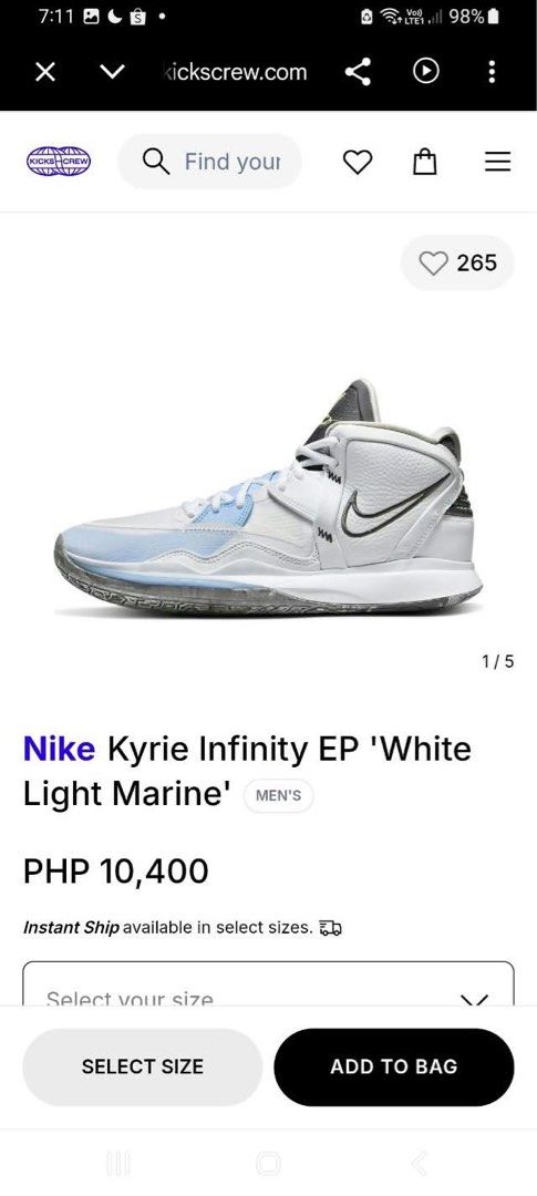 Nike Kyrie Infinity EP White Light Marine (Category: Sneakers) located in Caloocan City. Submitted by Twinsters_2nd (Listing ID 1468433561, Image 2). Description: - Brand: Nike - Model: Kyrie Infinity EP - Colorway: White Light Marine - Size: EU 42 - Condition: Pre-owned with visible dirt on soles and uppers from previous games - Performance: Excellent grip featuring spiky traction for the court - Note: Needs a quick clean, otherwise ready for ac