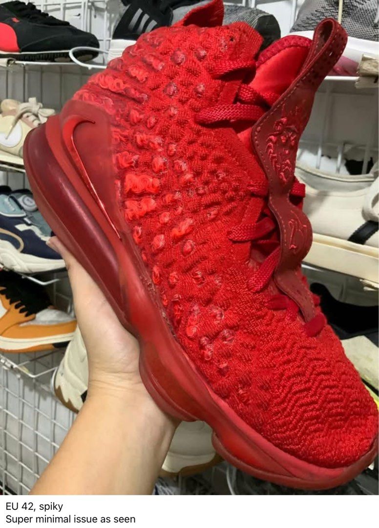 Nike LeBron 17 Red Carpet (Category: Sneakers) located in Caloocan City. Submitted by Twinsters_2nd (Listing ID 1468433214, Image 1). Description: - Brand/Model: Nike LeBron 17 Red Carpet Edition - Colorway: Striking all-red - Size: EU 42 - Features: Textured upper knit construction and visible Air Max cushioning units - Condition: Super minimal issue on the material as seen in the photos - Versatility: Great performance kicks for on-court action