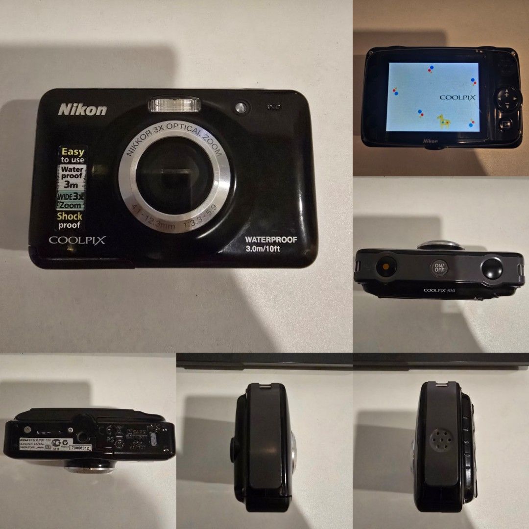 Nikon Coolpix S30 (Black) (Category: Cameras) located in Cabuyao City. Submitted by 69mattycakes (Listing ID 1468178857, Image 1). Description: Specifications: Shockproof Waterproof for 3.0m/10ft Sensor: CCD Sensor Size: 1/3" Optical Zoom: 3.0x Focal Length Wide: 22mm Focal Length Tele: 87mm Aperture Wide: 3.3 Aperture Tele: 5.9 Pixel Count: 10 MP Storage Types: SD/SDHC/SDXC Battery Description: 2 x AA (Alkaline, NiMH or Lithium) Inclusions: Ikea