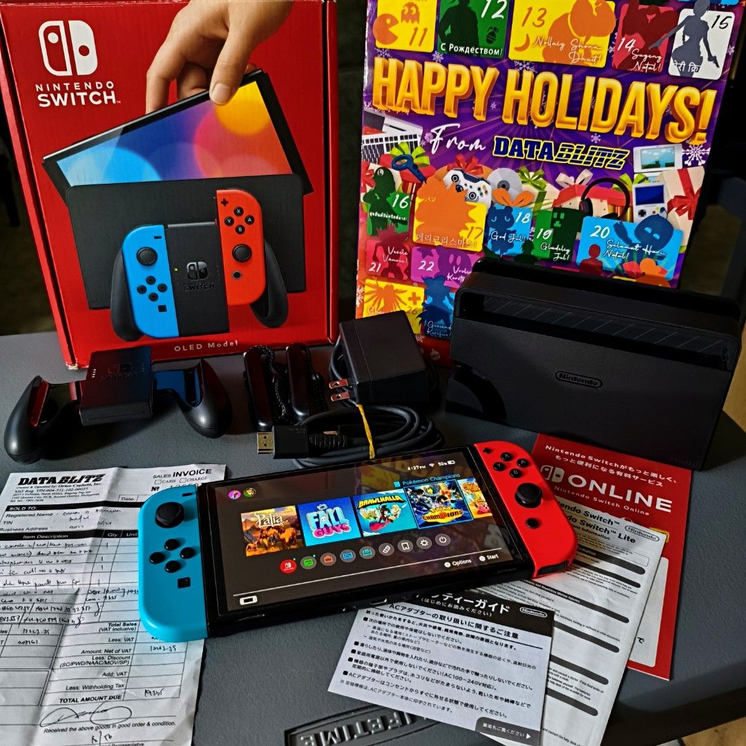 Nintendo Switch OLED with Receipt and Complete Accessories (Category: Nintendo) located in Quezon City. Submitted by le1ouch (Listing ID 1468363120, Image 1). Description: Selling my personal used Nintendo Switch Oled! Bought last year from Trinoma Datablitz No scratches, No dents, doesn't have any kind of issues Check before payment for your peace of mind 😁 ✅ With Receipt ✅ Complete accessories with box (Hdmi, Dock, Power Adaptor, Joycon straps