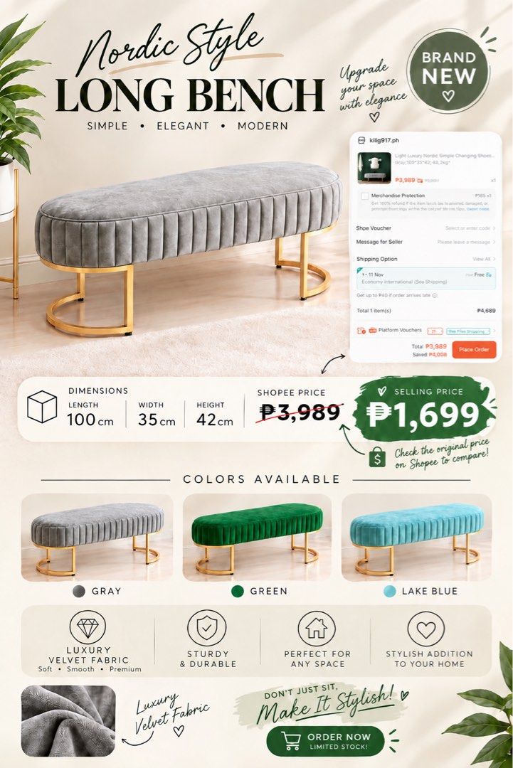 Nordic Style Long Bench (Category: Sofas) located in Manila. Submitted by mbsulit (Listing ID 1468320908, Image 1). Description: Original sharmaine price is ₱3,989 with VIP account but only selling it for ₱1,899. Sit with style girl!.