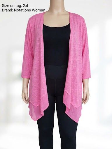 Notations Woman Pink Cardigan Size 2xl (Category: Coats, Jackets and Outerwear) located in Makati City. Submitted by grande.taille.by.ab (Listing ID 1468308613, Image 1). Description: - Brand/Style: Notations Woman Cardigan - Color: Pink - Size: 2XL - Material: Lightweight knit with sheer chiffon panels at the hem - Design: Open front style with three-quarter sleeves Condition: Used.