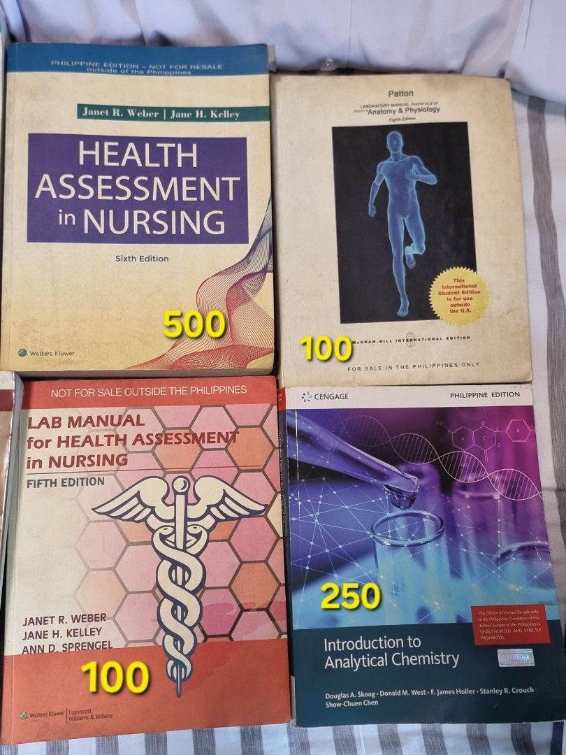 Nursing Books For Sale (Category: Assessment Books) located in Caloocan City. Submitted by mursedani (Listing ID 1468409415, Image 2). Description: Nurse as Educator 5th Ed. =200 Nursing care Plans 10th Ed. = 500 Nursing Theorists 9th Ed. = 300 Health Assessment 6th Ed. = 500 Lab Manual Health Assessment 5th Ed. = 100 Introduction to Analytical Chemistry = 250 Anatomy & Physiology 13th Ed. =100 (w/ torn page exercices) AnaPhy Lab Manual 8th Ed.= 