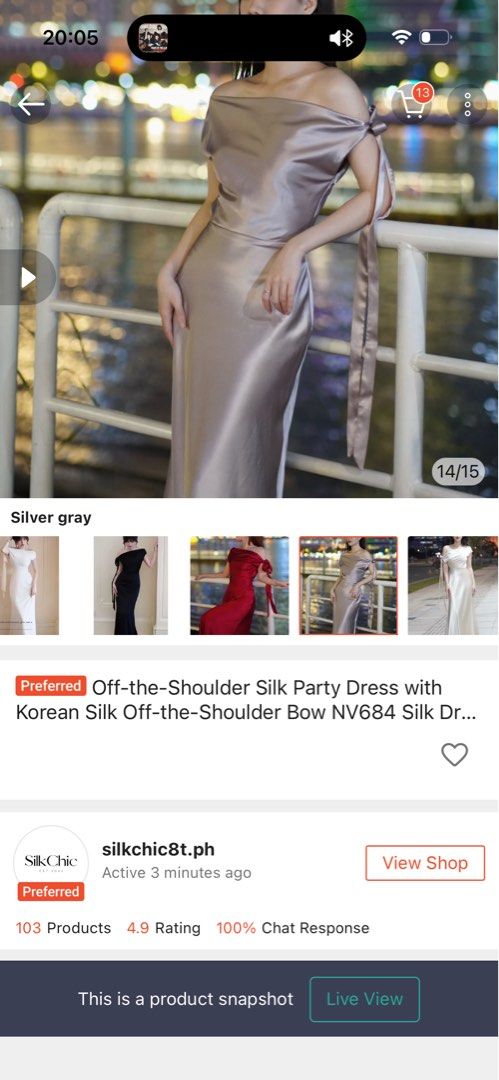 Off-the-Shoulder Silk Party Dress (Category: Dresses) located in Quezon City. Submitted by dk1995 (Listing ID 1468401134, Image 2). Description: - Style: Off-the-shoulder party dress with a gorgeous flared long skirt - Color: Pinkish silver - Material: Premium silk fabric with a smooth, luxurious drapei - Details: Elegant cowl neckline and a charming side bow detail on the shoulder - Size: XL vietnam size (size down) - Condition: Excellent Worn o