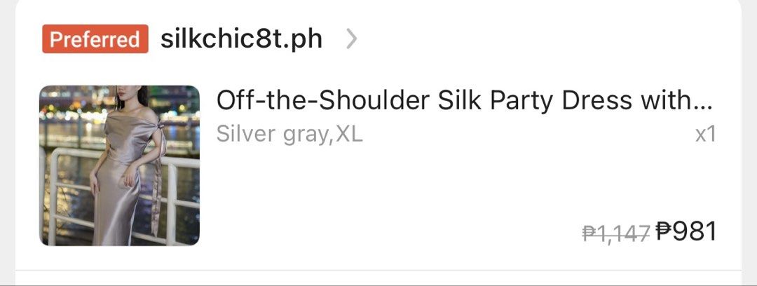 Off-the-Shoulder Silk Party Dress (Category: Dresses) located in Quezon City. Submitted by dk1995 (Listing ID 1468401134, Image 3). Description: - Style: Off-the-shoulder party dress with a gorgeous flared long skirt - Color: Pinkish silver - Material: Premium silk fabric with a smooth, luxurious drapei - Details: Elegant cowl neckline and a charming side bow detail on the shoulder - Size: XL vietnam size (size down) - Condition: Excellent Worn o