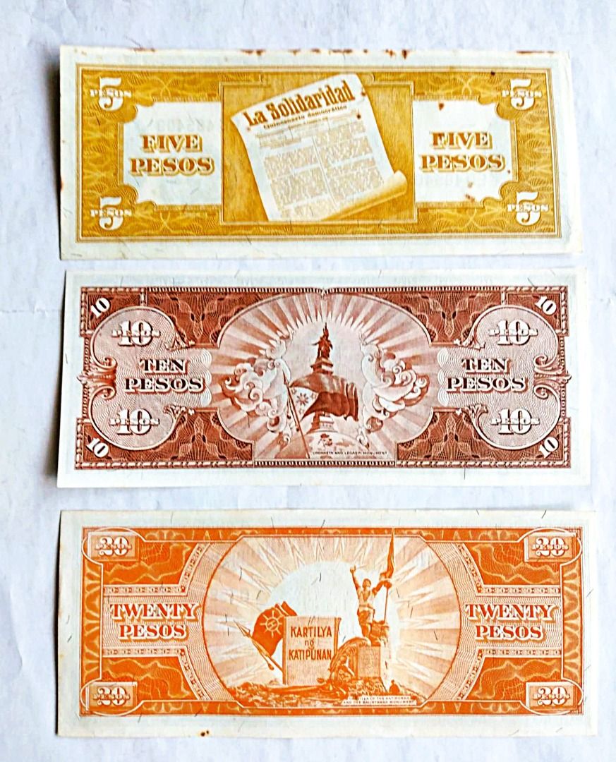Old Philippine Banknotes (Category: Currency) located in Quezon City. Submitted by louie.s (Listing ID 1468412892, Image 2). Description: English Series Marcos-Licaros Set ₱5 ₱10 ₱20 Unc (with some foxing) 3pcs = ₱600+SF.