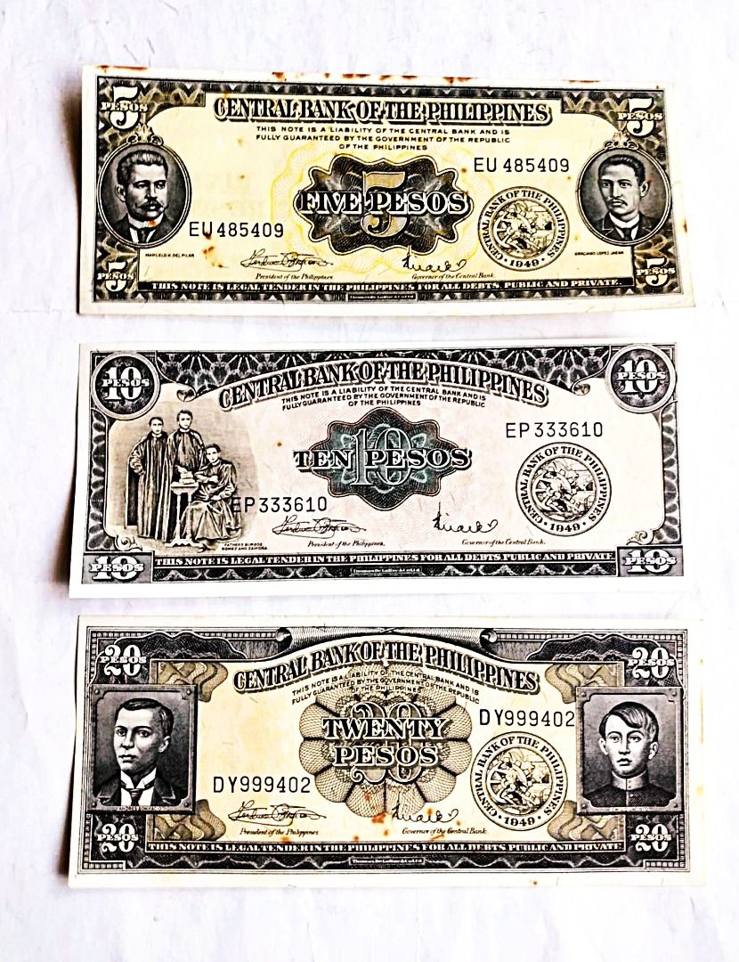 Old Philippine Banknotes (Category: Currency) located in Quezon City. Submitted by louie.s (Listing ID 1468412892, Image 1). Description: English Series Marcos-Licaros Set ₱5 ₱10 ₱20 Unc (with some foxing) 3pcs = ₱600+SF.