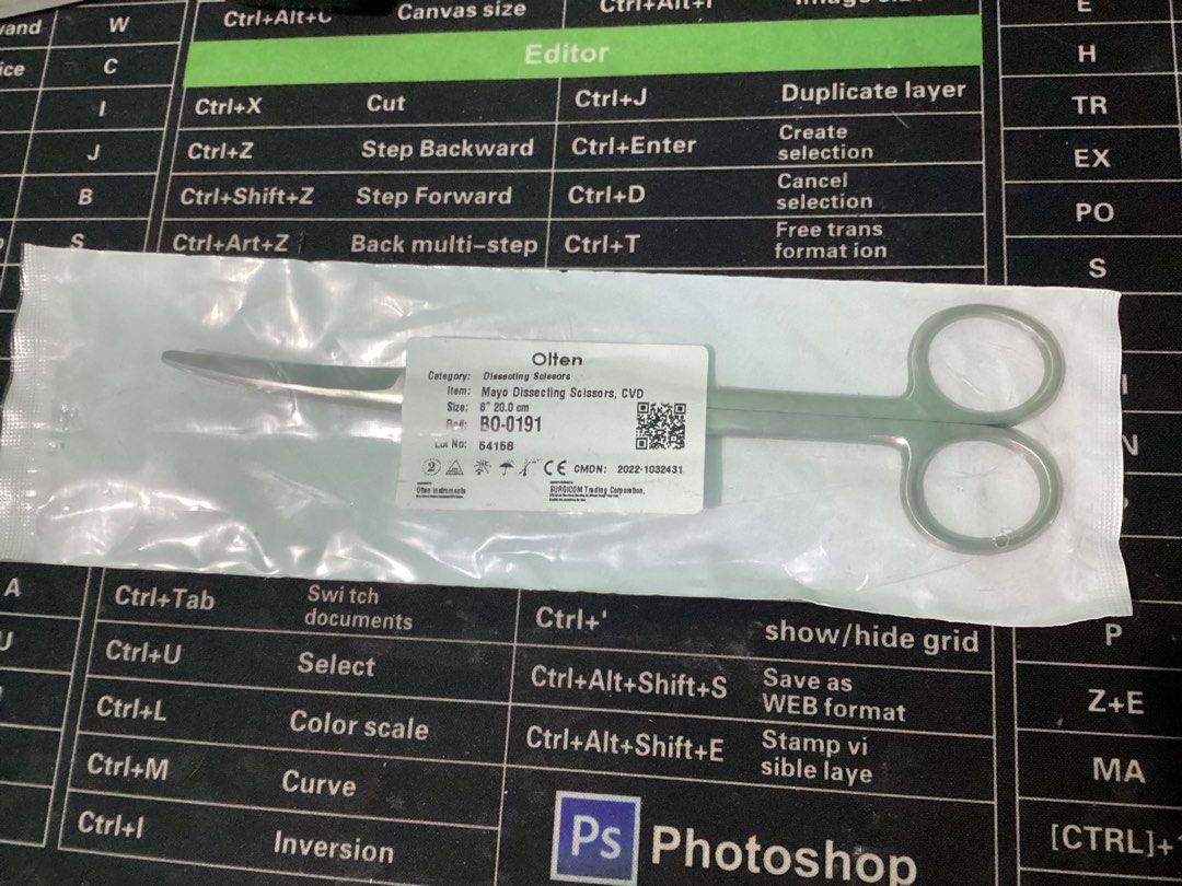 Olten Mayo Dissecting Scissors CVD 8" 20.0 cm (Category: Medical Supplies & Tools) located in Caloocan City. Submitted by eri.grass_ (Listing ID 1468296969, Image 1). Description: - Brand: Olten Mayo - Item: Dissecting scissors with curved blade - Size: 8 inches / 20.0 cm - Reference Number: B0-0191 - Lot Number: 54158 - Condition: Brand new, factory-sealed in original packaging - Sterility: Unopened sterile pouch.