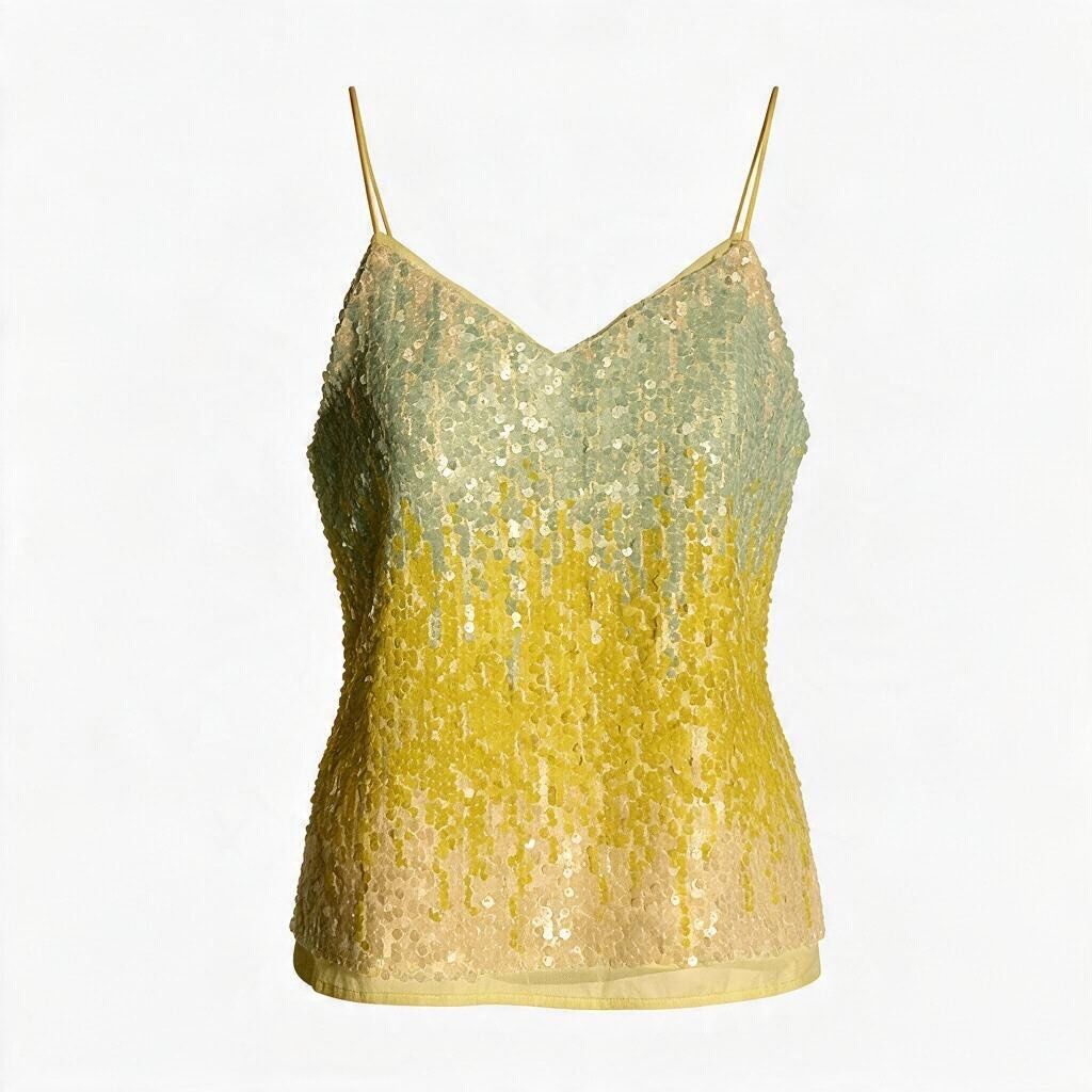 Ombre Sequin Spaghetti Strap Cami Top (Category: Sleeveless) located in Batangas. Submitted by wearmegals (Listing ID 1468369604, Image 1). Description: - Stunning sequin-covered cami top - Beautiful color gradient from pale green to bright yellow and soft pink - Flattering V-neckline with delicate spaghetti straps - Fully lined interior for a comfortable fit - Lightweight fabric that is easy to wear - Perfect statement piece for parties, clubs, 