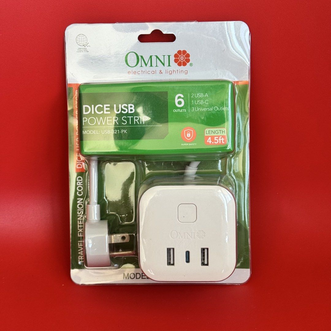 OMNI Dice USB Power Strip Model USB-321-PK (Category: Cables & Adaptors) located in Davao. Submitted by silverearth_3394b2 (Listing ID 1468447287, Image 2). Description: - Brand: OMNI - Model: USB-321-PK (Dice USB Power Strip) - Color: White cube design - Cord Length: 4.5ft travel extension cord - Ports & Outlets: 3 universal outlets, 2 USB-A ports, 1 USB-C port - Features: Compact space-saver, super safety protection - Condition: Factory sealed 