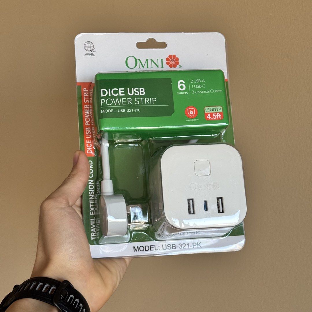 OMNI Dice USB Power Strip Model USB-321-PK (Category: Cables & Adaptors) located in Davao. Submitted by silverearth_3394b2 (Listing ID 1468447287, Image 1). Description: - Brand: OMNI - Model: USB-321-PK (Dice USB Power Strip) - Color: White cube design - Cord Length: 4.5ft travel extension cord - Ports & Outlets: 3 universal outlets, 2 USB-A ports, 1 USB-C port - Features: Compact space-saver, super safety protection - Condition: Factory sealed 