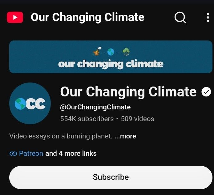 Our Changing Climate YouTube Channel (Category: Storybooks) located in Quezon City. Submitted by ted80s (Listing ID 1468451530, Image 1). Description: Free on YouTube👍 Video essays on a burning planet. - Channel: Our Changing Climate YouTube Profile - Content: In-depth video essays on climate and environmental issues - Stats: Verified creator with 500k+ subscribers and hundreds of uploads - Extras: Includes Patreon and official social media link