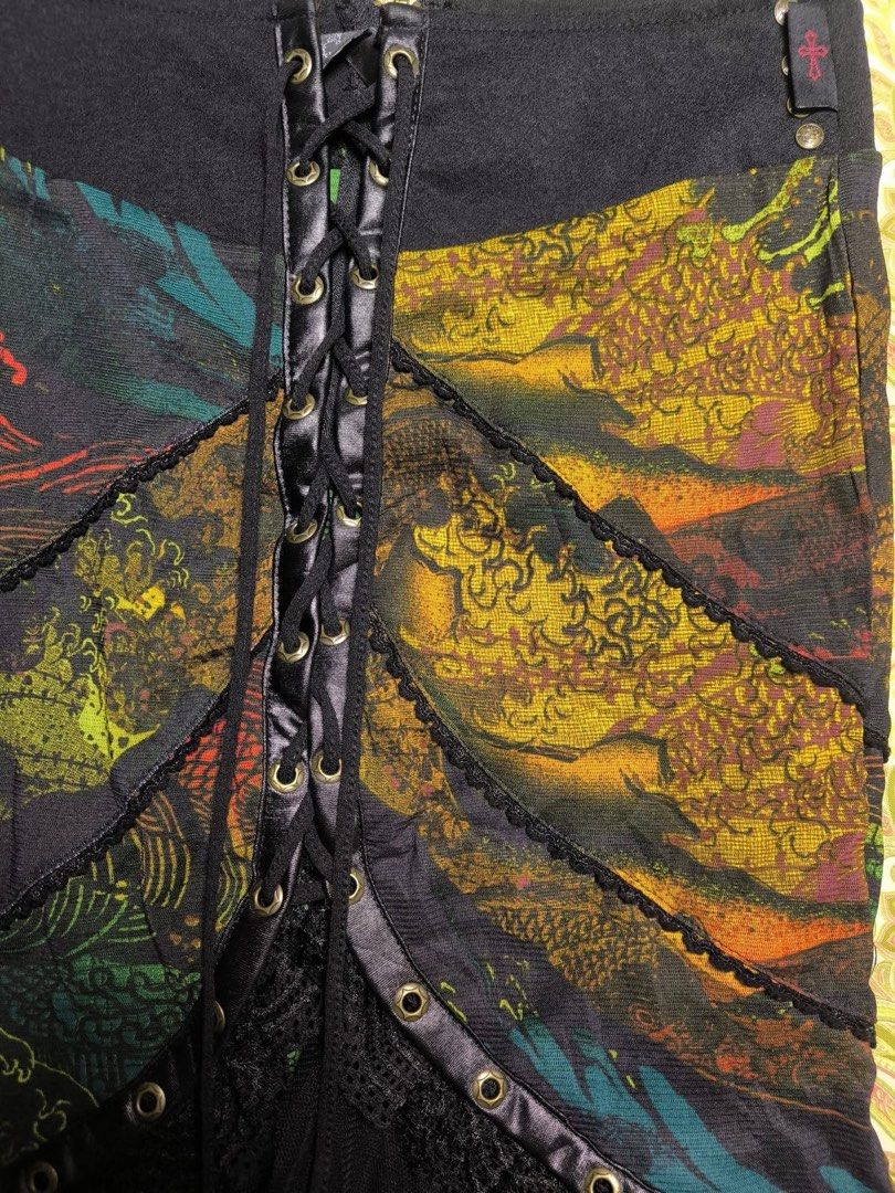 Ozz Croce Oriental Skirt ✨ (Category: Skirts) located in San Mateo. Submitted by _kristineee_ (Listing ID 1468306727, Image 2). Description: Ozz Croce Oriental Skirt ✨ - featuring a laced corset-style waist, Japanese-inspired print panels, and a layered ruffle and mesh skirt - no issue/flaws S: 25” relaxed, up to 28” stretch L: 23” NO INCREMENT 💌 CB: ₱1,600 by Faith Merian EOB: OCT 18, 11pm PH time MOP: CASH-G / BP I MOD: TIKTOK C.O PH & WORLD W