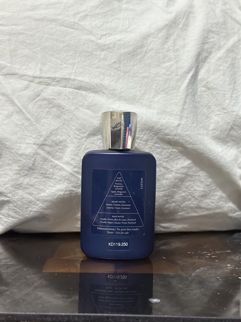 Parfums de Marly Layton Tester 125ml (Category: Fragrance & Deodorants) located in Makati City. Submitted by charmelo21 (Listing ID 1468357512, Image 2). Description: - Authentic Parfums de Marly Layton tester bottle - Size: 125ml with rare blue matte finish -75 ml remaining - Fragrance Notes: Apple, bergamot, lavender, jasmine, vanilla, pepper, guaiac wood, and patchouli - Design: Silver cap with embossed horse logo and clearly printed tester te