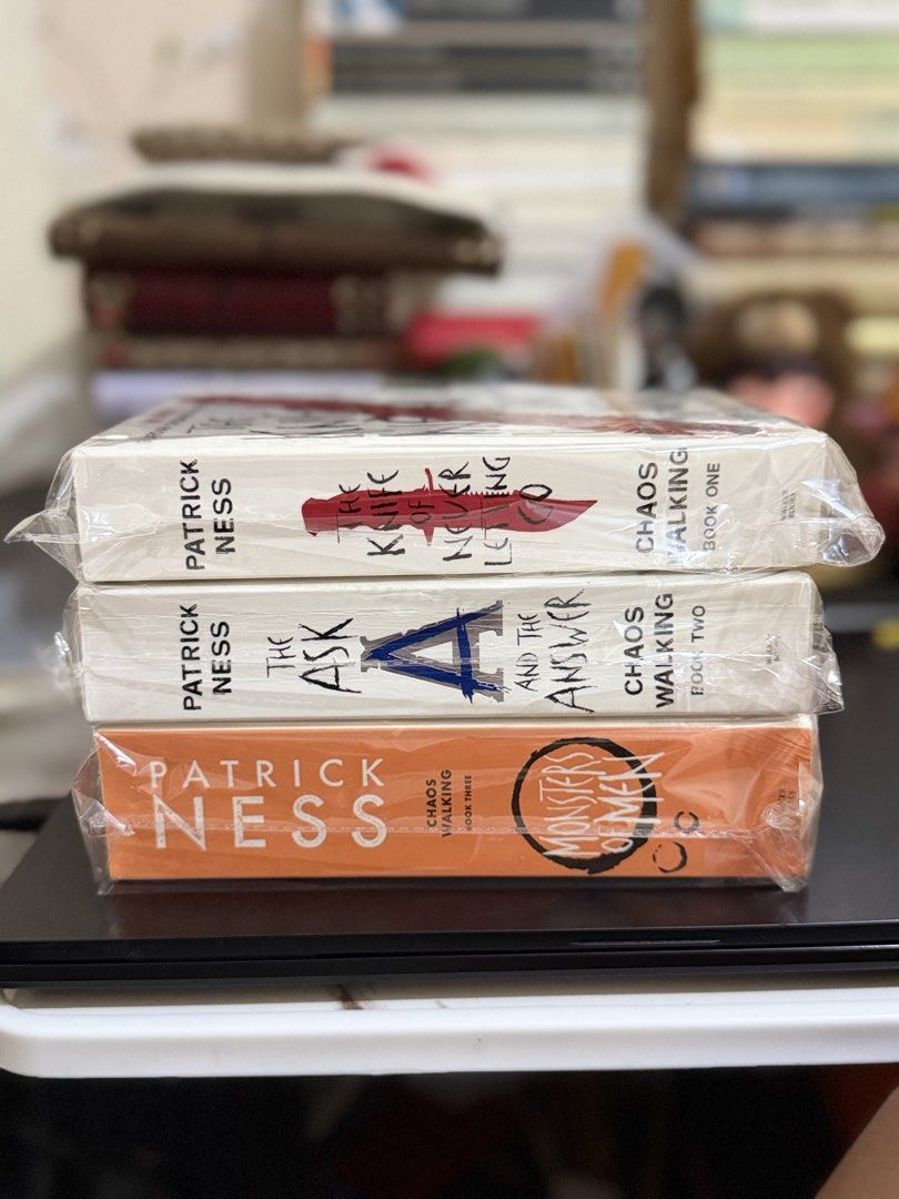 Patrick Ness Dystopian Trilogy (Category: Storybooks) located in Silang. Submitted by papieriiibookstogo (Listing ID 1468303718, Image 1). Description: Preloved YA Dystopian Sci-Fi Trilogy | Patrick Ness Chaos Walking Trilogy: ₱500 bundle Genre: Young adult dystopian science fiction • The Knife of Never Letting Go: On a planet where everyone hears each other’s thoughts, a boy runs for his life after discovering a secret. • The Ask and the Answer: