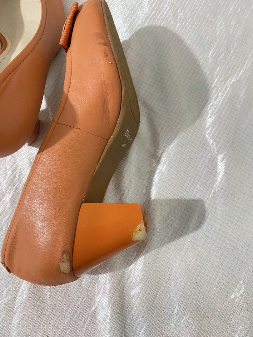 Peep-Toe Block Heel Pumps / Heels (Category: Flats & Sandals) located in Baguio. Submitted by sollunathrift13 (Listing ID 1468447905, Image 2). Description: Color: Warm Terracotta / Burnt Orange Material: Faux Leather / Leatherette Size: 240 (mm) — equivalent to EU 37–38 / US 7 / UK 4.5 (~24 cm foot length) Front Accent: Decorative bow strap with a gold-tone buckle and textured snakeskin-pattern inlay. Heel Style: Sturdy mid-height block heel. Up