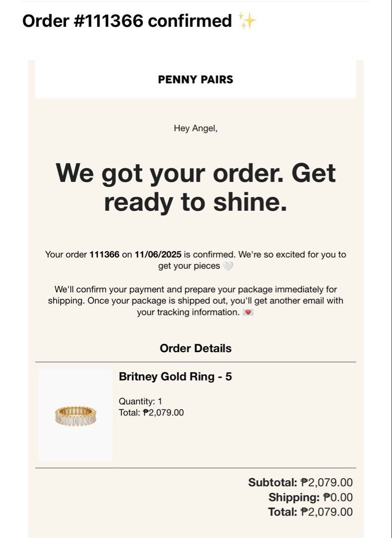 Penny Pairs Britney gold ring (Category: Rings) located in Paranaque City. Submitted by closetanghelita (Listing ID 1468325228, Image 3). Description: Complete with box Size 5.