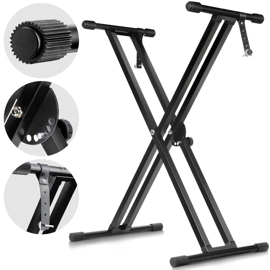 Piano Stand (Category: Musical Instruments) located in Malabon City. Submitted by noblecloud_3509ee (Listing ID 1468335496, Image 3). Description: - Type: Double X-style piano keyboard stand - Color: Black - Condition: Good (7/10 condition) - Features: Adjustable height for comfortable playing - Material: Sturdy metal construction - Fulfillment: Meetups at Holy Child Academy, Kingspoint Subdivision, QC or shipping (buyer pays delivery fee).