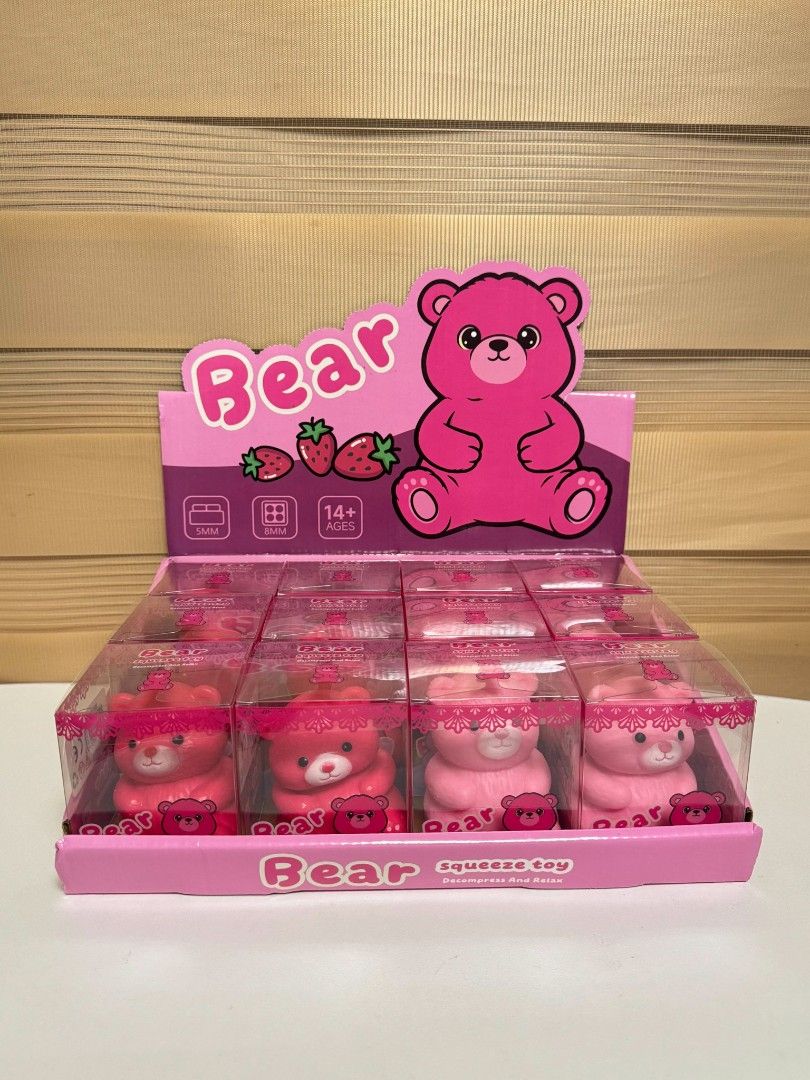 Pink Bear Squeeze Toy Stress Reliever (Category: Designer & Blind Box Toys) located in Pasay City. Submitted by clotheslinemanila (Listing ID 1468455819, Image 3). Description: - Adorable pink bear squishy toy for stress relief and relaxation - Ultra-soft texture that is super satisfying to squeeze - Available in two lovely shades: Dark Pink and Light Pink - Each piece is safely packed in an individual clear display box - Perfect as a cute desk f